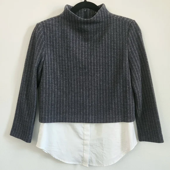 Theory Layered Look Cropped Striped Mockneck Sweater White Oxford Buttondown Top - Picture 1 of 6